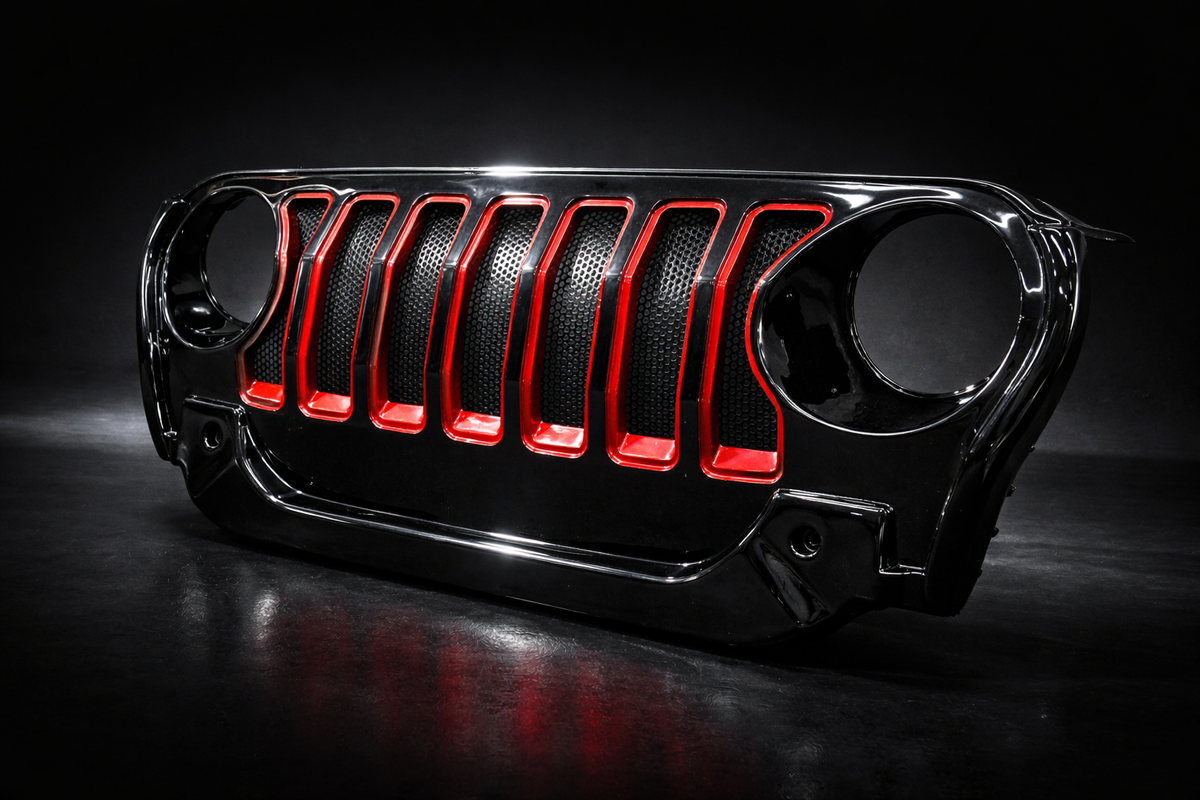 Mahindra Thar Front Grille – Seven Slot Thar Grill | Gloss Black with Red Accents